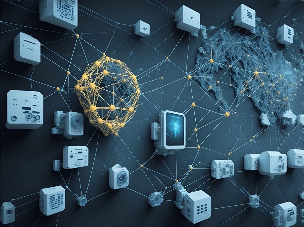 Devices connected with wires, creating a network of connection