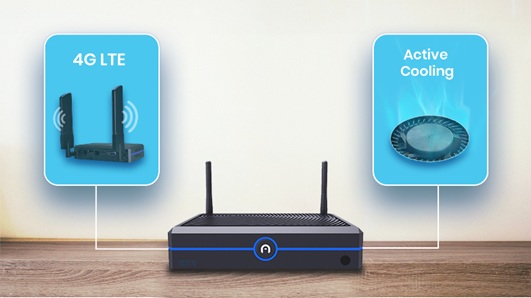A router with two graphics on each side of it. One says 