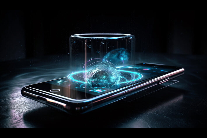 Mobile phone glowing in blue reflection glass generated by AI